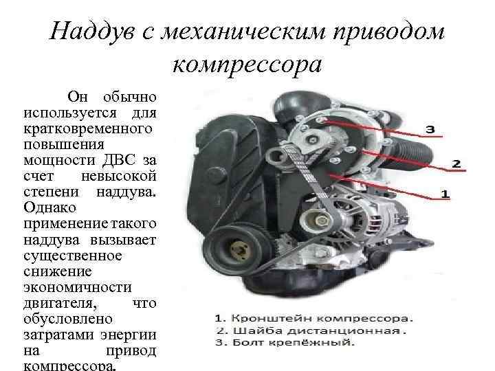 Наддув с механическим приводом компрессора Он обычно используется для кратковременного повышения мощности ДВС за