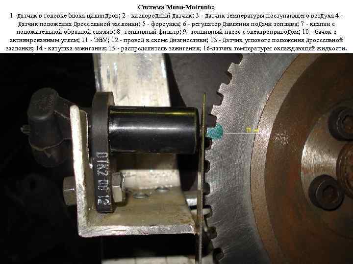 Система Mono-Motronic: 1 -датчик в головке блока цилиндров; 2 - кислородный датчик; 3 -