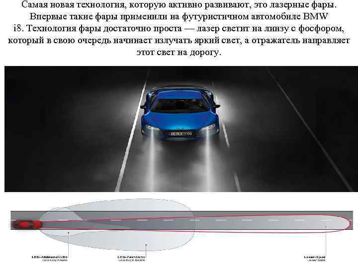 Самая новая технология, которую активно развивают, это лазерные фары. Впервые такие фары применили на