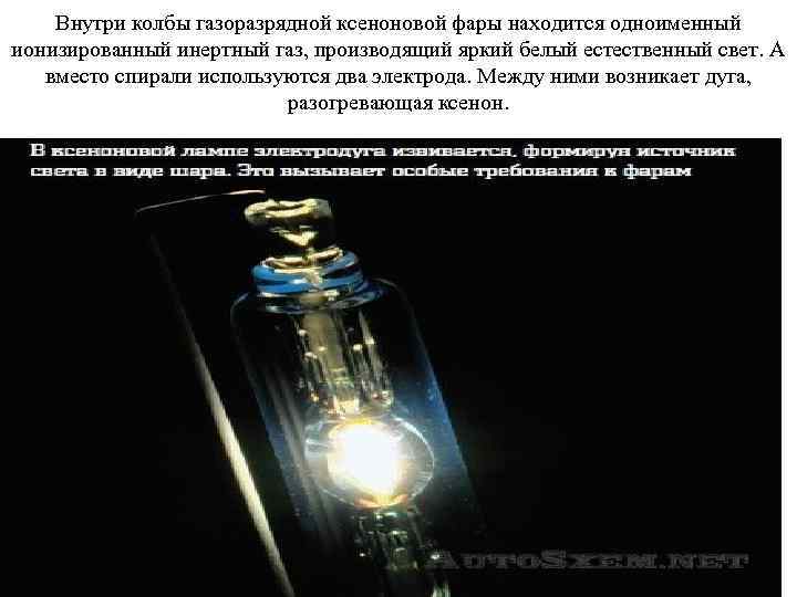 Внутри колбы газоразрядной ксеноновой фары находится одноименный ионизированный инертный газ, производящий яркий белый естественный
