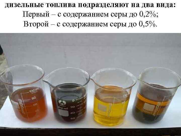 дизельные топлива подразделяют на два вида: Первый – с содержанием серы до 0, 2%;