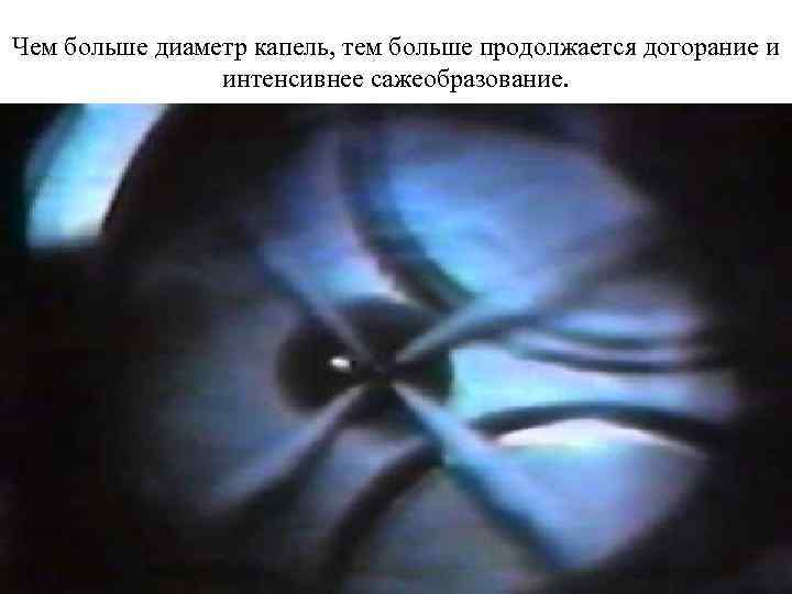 Чем больше диаметр капель, тем больше продолжается догорание и интенсивнее сажеобразование. 