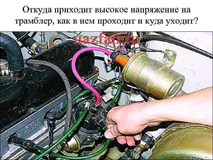 Откуда приходит высокое напряжение на трамблер, как в нем проходит и куда уходит? 