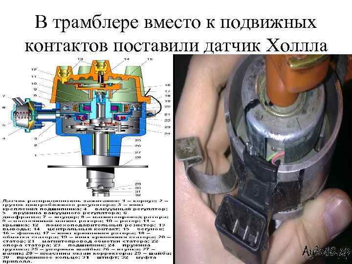 В трамблере вместо к подвижных контактов поставили датчик Холлла 