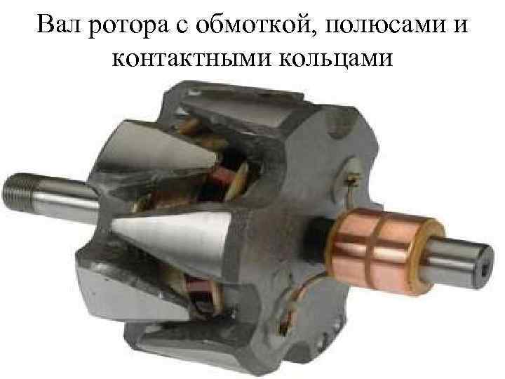 Вал ротора с обмоткой, полюсами и контактными кольцами 