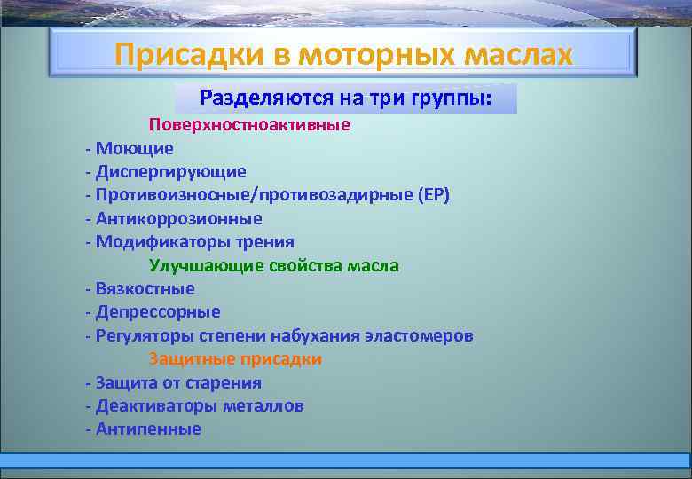 Присадки в моторных маслах Разделяются на три группы: Поверхностноактивные - Моющие - Диспергирующие -