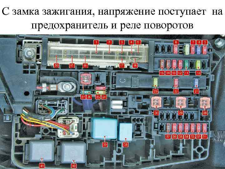 С замка зажигания, напряжение поступает на предохранитель и реле поворотов 