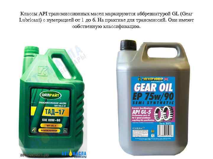 Классы API трансмиссионных масел маркируются аббревиатурой GL (Gear Lubricant) с нумерацией от 1 до