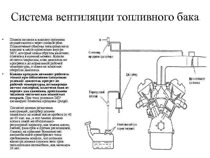 Система вентиляции топливного бака • • Подвод питания к клапану продувки осуществляется через главное