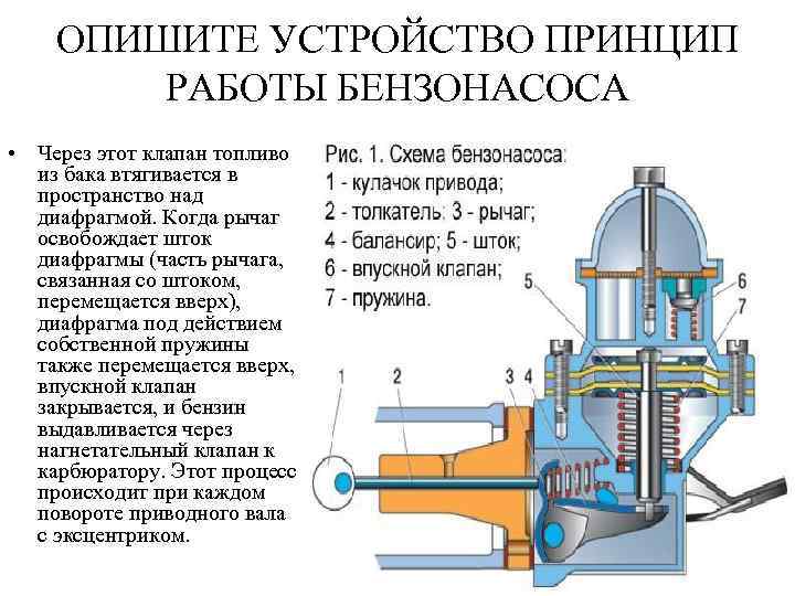 ОПИШИТЕ УСТРОЙСТВО ПРИНЦИП РАБОТЫ БЕНЗОНАСОСА • Через этот клапан топливо из бака втягивается в