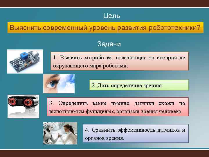Цель Выяснить современный уровень развития робототехники? Задачи 1. Выявить устройства, отвечающие за восприятие окружающего
