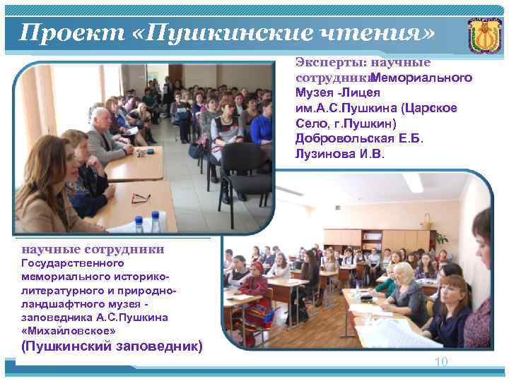 Проект «Пушкинские чтения» Эксперты: научные сотрудники Мемориального Музея -Лицея им. А. С. Пушкина (Царское
