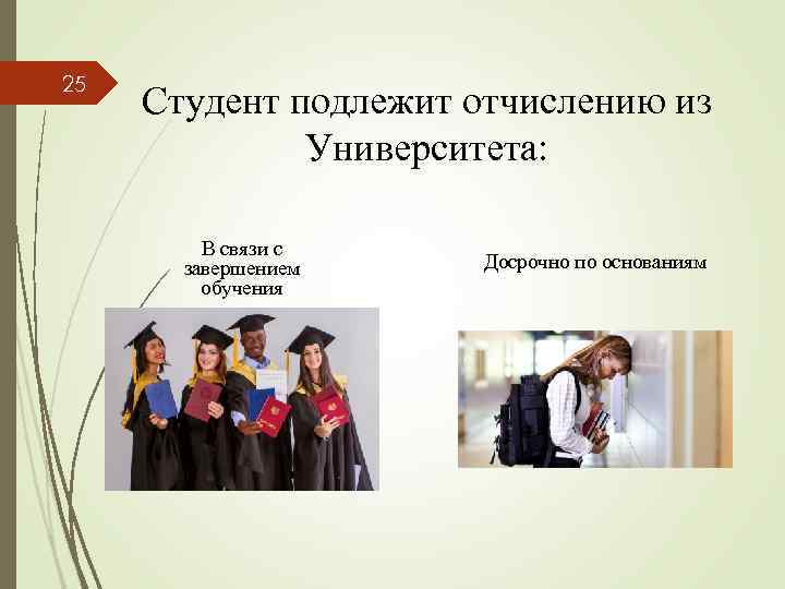 25 Студент подлежит отчислению из Университета: В связи с завершением обучения Досрочно по основаниям