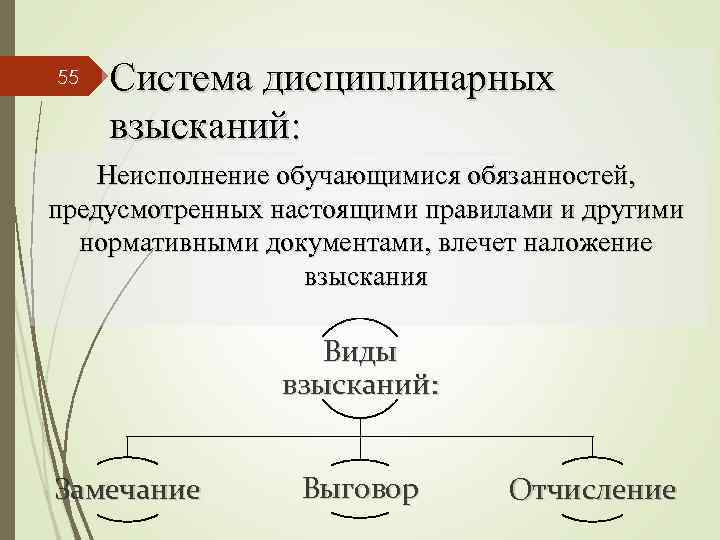 55 Система дисциплинарных взысканий: Неисполнение обучающимися обязанностей, предусмотренных настоящими правилами и другими нормативными документами,