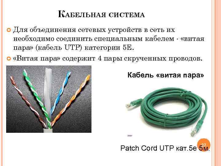 КАБЕЛЬНАЯ СИСТЕМА Для объединения сетевых устройств в сеть их необходимо соединить специальным кабелем -