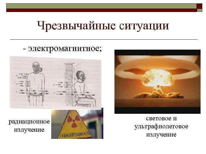 Чрезвычайные ситуации - электромагнитное; радиационное излучение световое и ультрафиолетовое излучение 