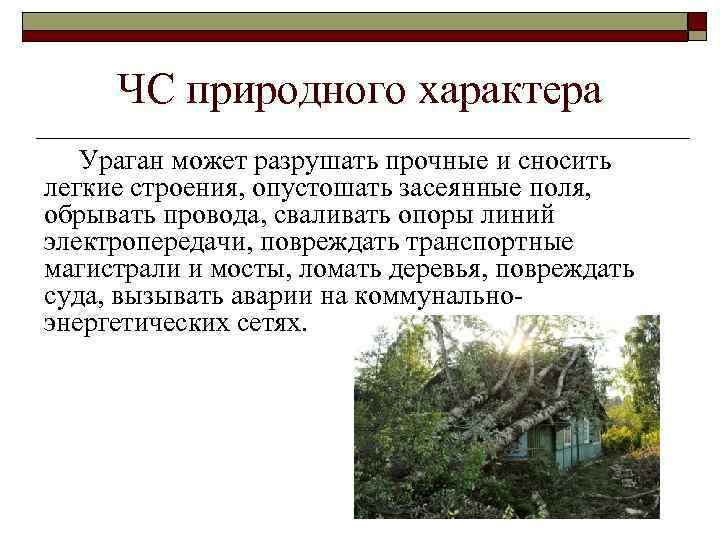 ЧС природного характера Ураган может разрушать прочные и сносить легкие строения, опустошать засеянные поля,