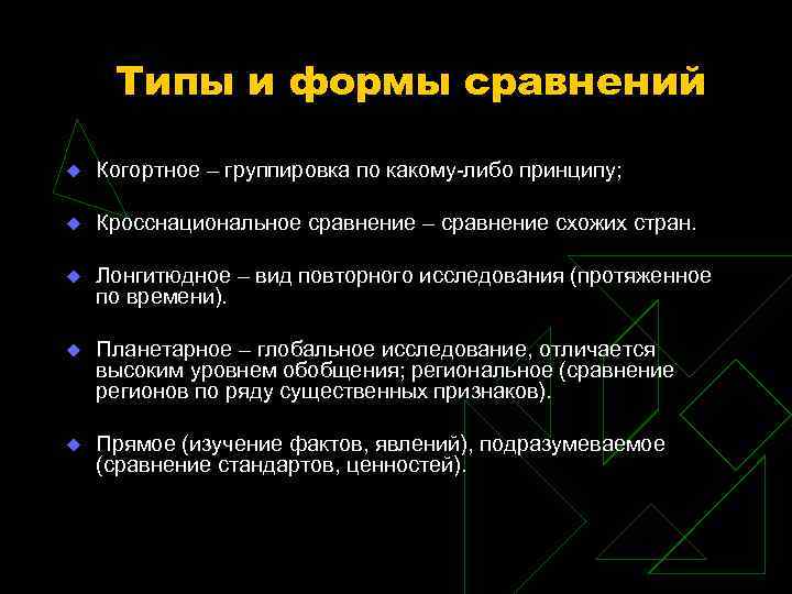 Типы и формы сравнений Когортное – группировка по какому-либо принципу; Кросснациональное сравнение – сравнение