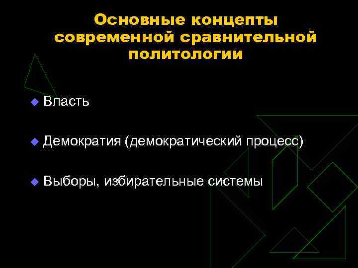 Основные концепты современной сравнительной политологии Власть Демократия (демократический процесс) Выборы, избирательные системы 