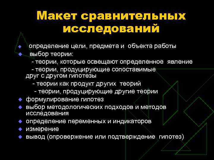 Макет сравнительных исследований определение цели, предмета и объекта работы выбор теории: - теории, которые