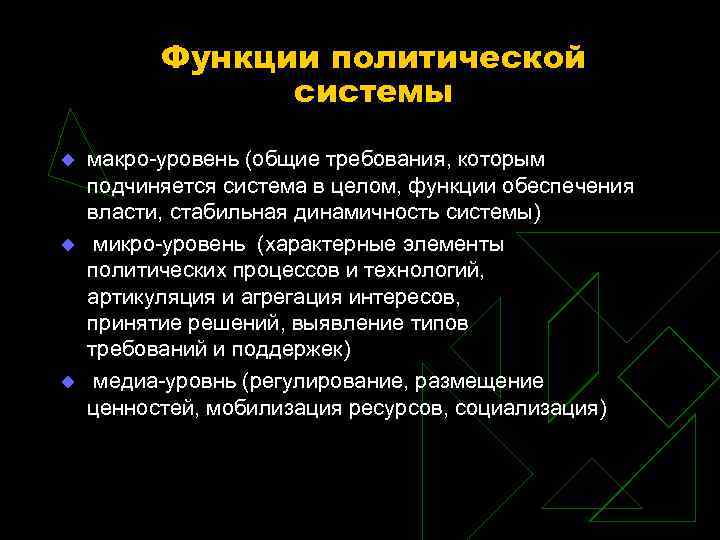 Функции политической системы макро-уровень (общие требования, которым подчиняется система в целом, функции обеспечения власти,