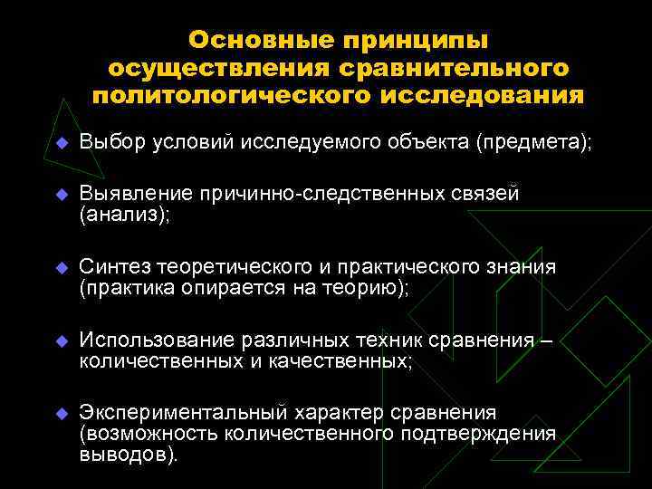 Основные принципы осуществления сравнительного политологического исследования Выбор условий исследуемого объекта (предмета); Выявление причинно-следственных связей