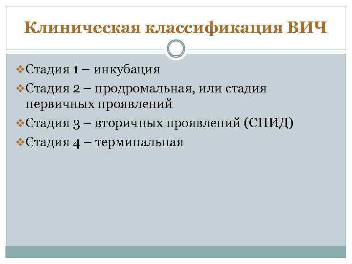 Клиническая классификация ВИЧ v. Стадия 1 – инкубация v. Стадия 2 – продромальная, или