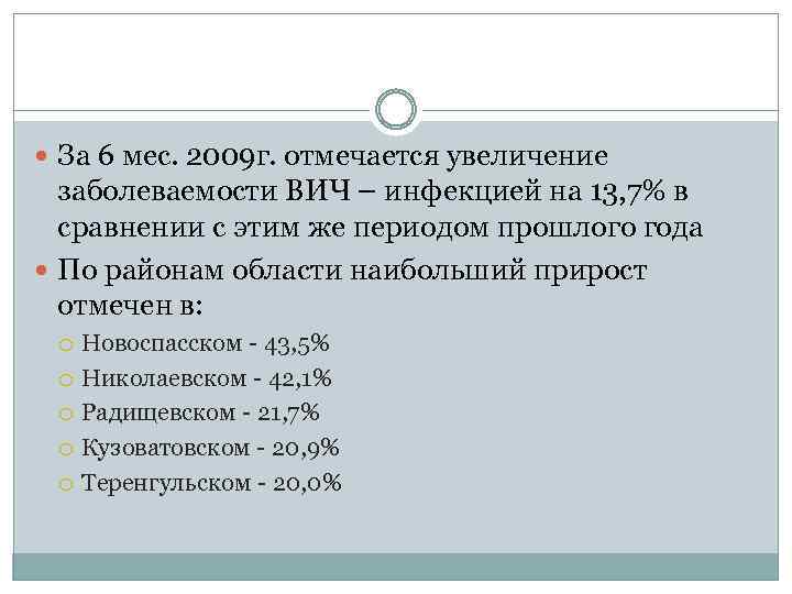  За 6 мес. 2009 г. отмечается увеличение заболеваемости ВИЧ – инфекцией на 13,