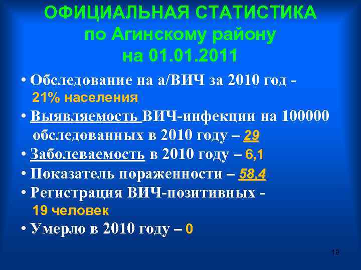 ОФИЦИАЛЬНАЯ СТАТИСТИКА по Агинскому району на 01. 2011 • Обследование на а/ВИЧ за 2010