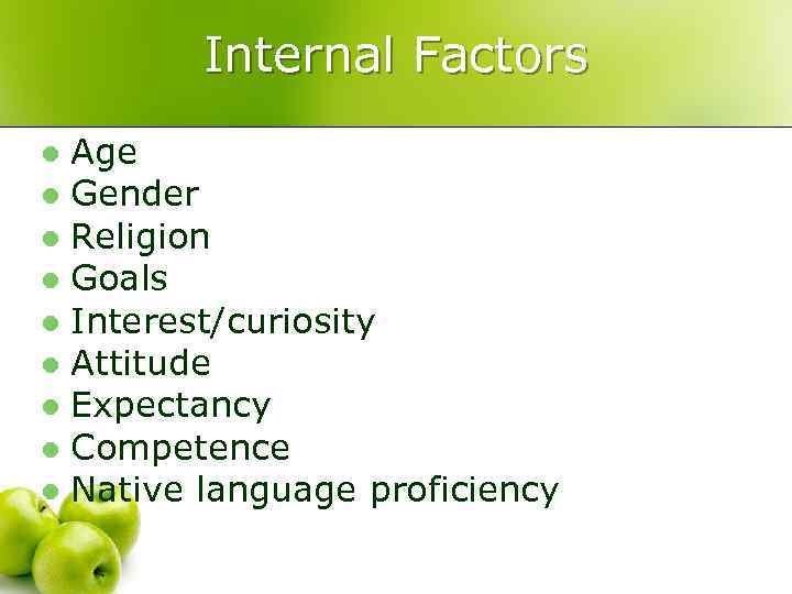 Internal Factors Age l Gender l Religion l Goals l Interest/curiosity l Attitude l