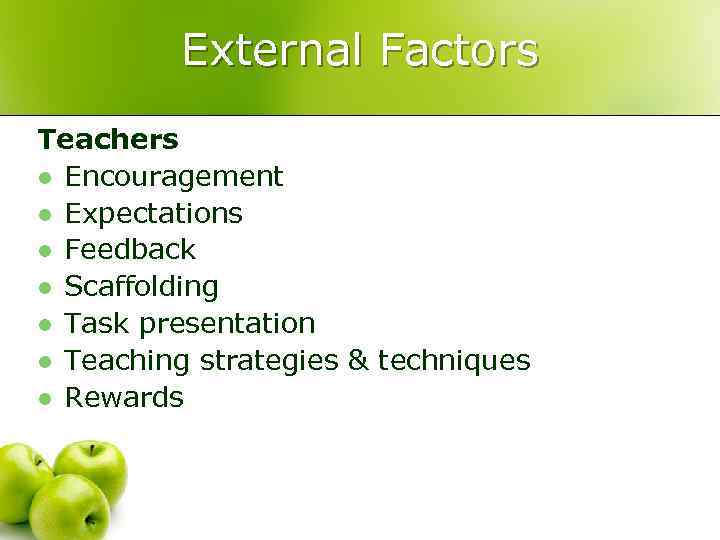 External Factors Teachers l Encouragement l Expectations l Feedback l Scaffolding l Task presentation