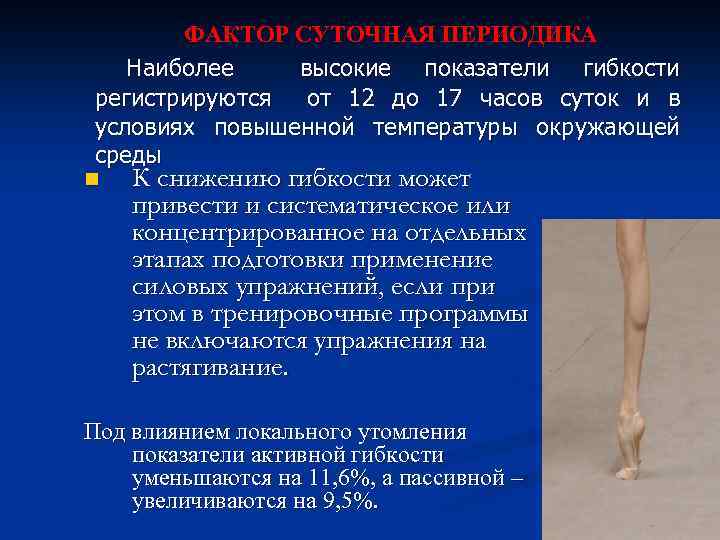 ФАКТОР СУТОЧНАЯ ПЕРИОДИКА Наиболее высокие показатели гибкости регистрируются от 12 до 17 часов суток