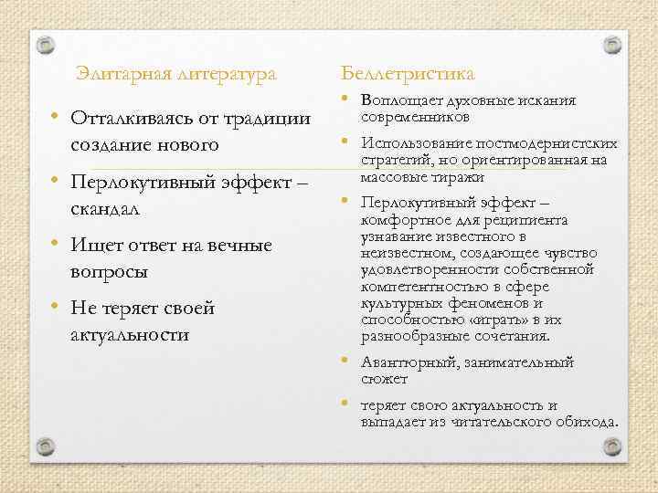 Элитарная литература • Отталкиваясь от традиции создание нового • Перлокутивный эффект – скандал •