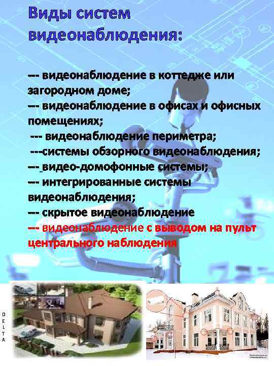 Виды систем видеонаблюдения: --- видеонаблюдение в коттедже или загородном доме; --- видеонаблюдение в офисах