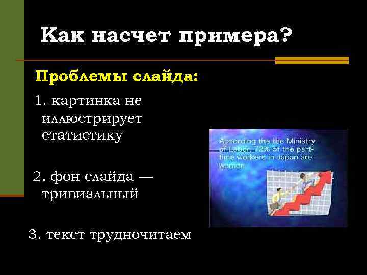 Как насчет примера? Проблемы слайда: 1. картинка не иллюстрирует статистику 2. фон слайда —