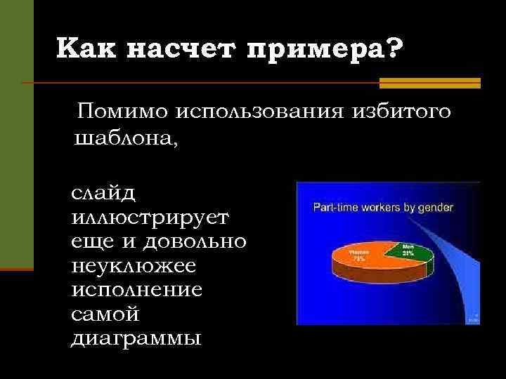 Как насчет примера? Помимо использования избитого шаблона, слайд иллюстрирует еще и довольно неуклюжее исполнение