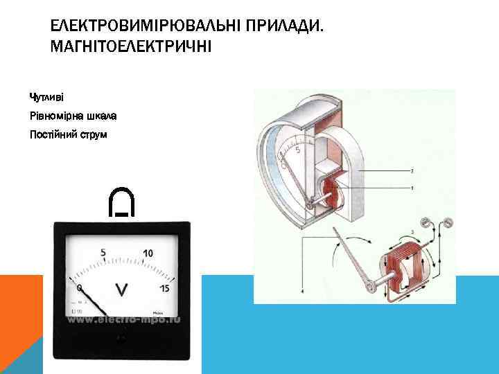 ЕЛЕКТРОВИМІРЮВАЛЬНІ ПРИЛАДИ. МАГНІТОЕЛЕКТРИЧНІ Чутливі Рівномірна шкала Постійний струм 