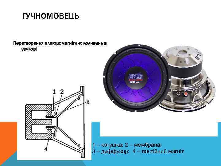 ГУЧНОМОВЕЦЬ Перетворення електромагнітних коливань в звукові 1 – котушка; 2 – мембрана; 3 –