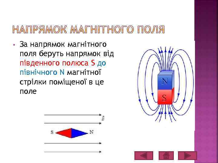  • За напрямок магнітного поля беруть напрямок від південного полюса S до північного