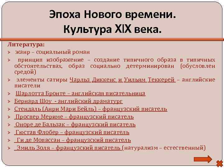 Эпоха Нового времени. Культура XIX века. Литература: жанр – социальный роман принцип изображение –