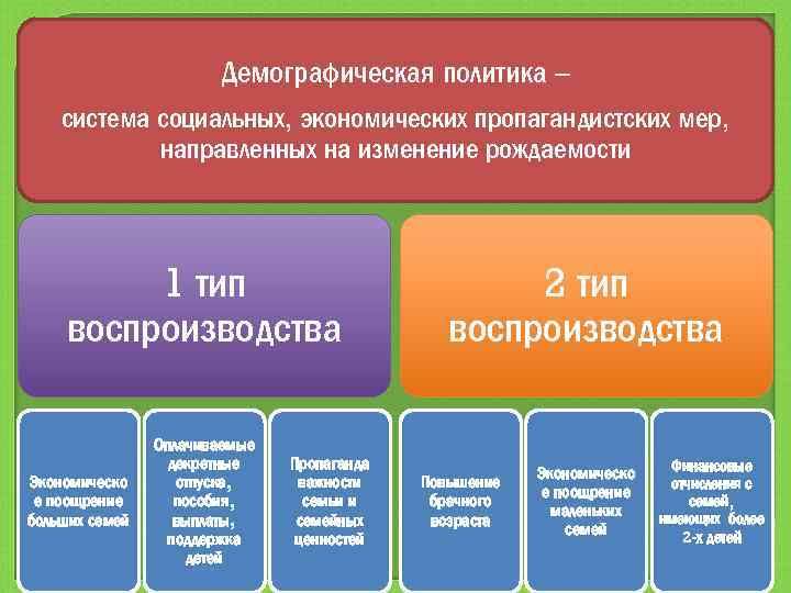 Демографическая политика – система социальных, экономических пропагандистских мер, направленных на изменение рождаемости 1 тип