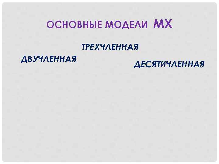 ОСНОВНЫЕ МОДЕЛИ МХ ТРЕХЧЛЕННАЯ ДВУЧЛЕННАЯ ДЕСЯТИЧЛЕННАЯ 