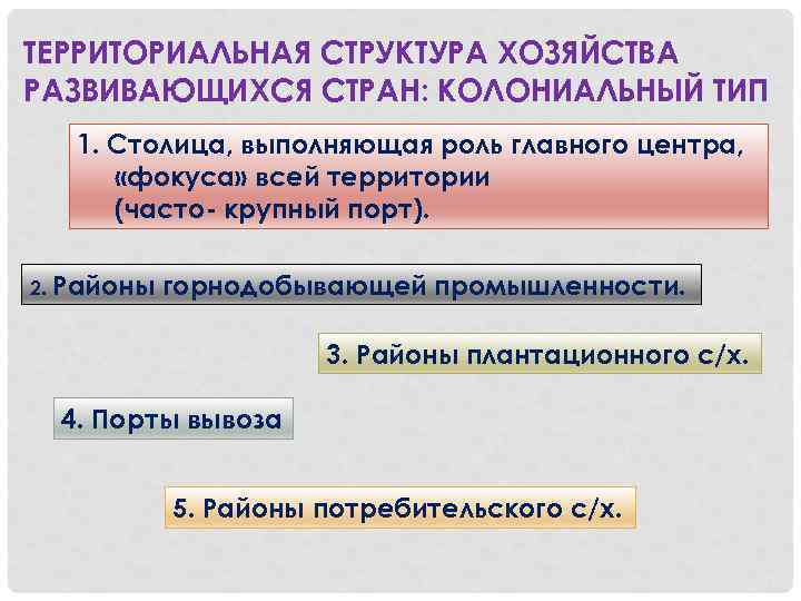 ТЕРРИТОРИАЛЬНАЯ СТРУКТУРА ХОЗЯЙСТВА РАЗВИВАЮЩИХСЯ СТРАН: КОЛОНИАЛЬНЫЙ ТИП 1. Столица, выполняющая роль главного центра, «фокуса»