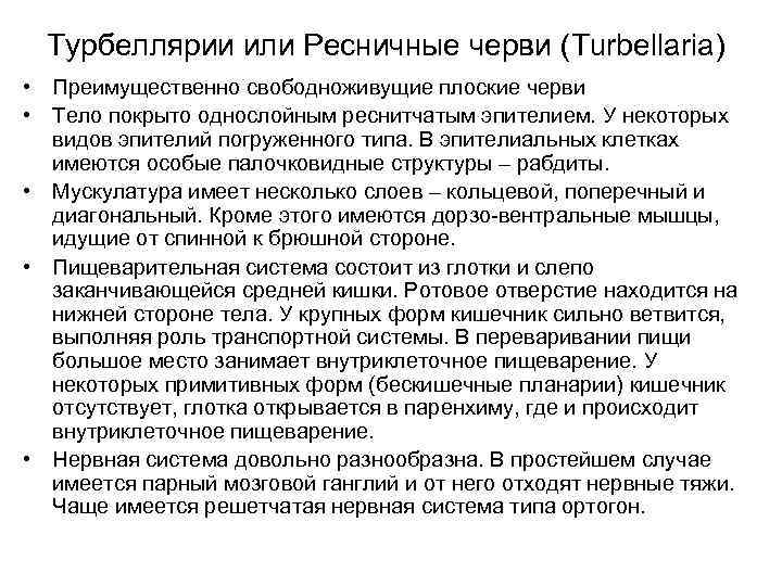 Турбеллярии или Ресничные черви (Turbellaria) • Преимущественно свободноживущие плоские черви • Тело покрыто однослойным