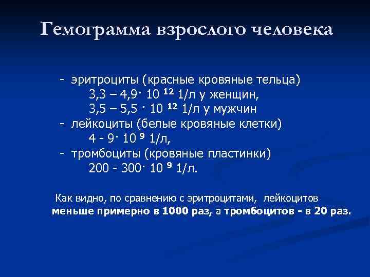 Гемограмма взрослого человека - эритроциты (красные кровяные тельца) 3, 3 – 4, 9· 10