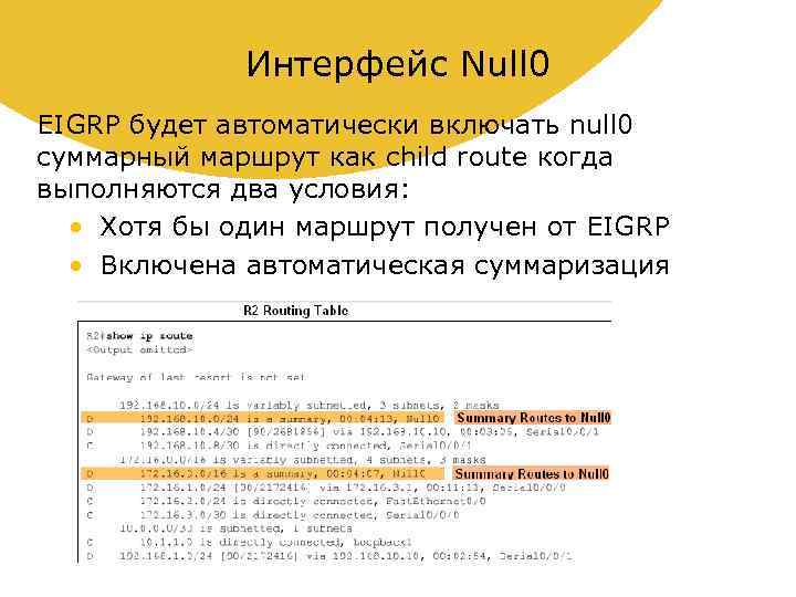 Интерфейс Null 0 EIGRP будет автоматически включать null 0 суммарный маршрут как child route