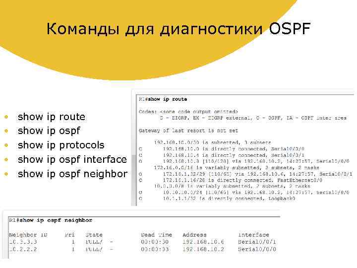 Команды для диагностики OSPF • • • show show ip ip ip route ospf