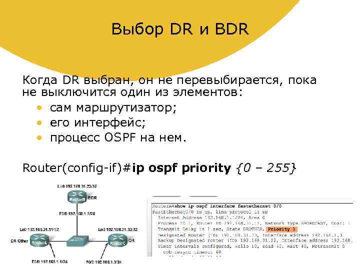 Выбор DR и BDR Когда DR выбран, он не перевыбирается, пока не выключится один