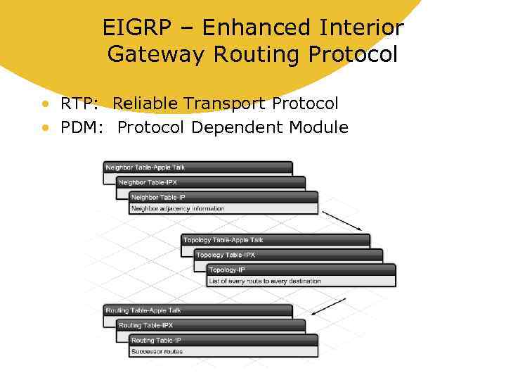 EIGRP – Enhanced Interior Gateway Routing Protocol • RTP: Reliable Transport Protocol • PDM: