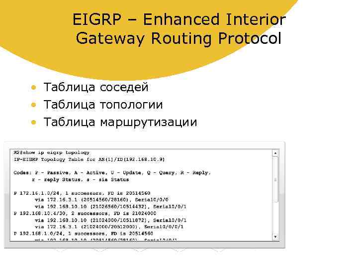 EIGRP – Enhanced Interior Gateway Routing Protocol • Таблица соседей • Таблица топологии •